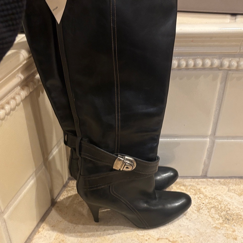 Charles David Leather Buckled Black Heeled Boots - Retails $525